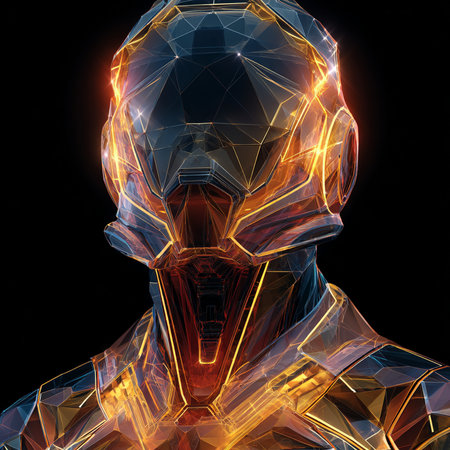 3D rendering of a male robot isolated on black background with glowing lightsの素材