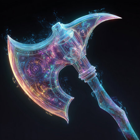 Ax with a glowing blade on a dark background. 3D renderingの素材