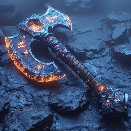 Viking ax on cracked ground. 3d illustration. Fantasy.の素材