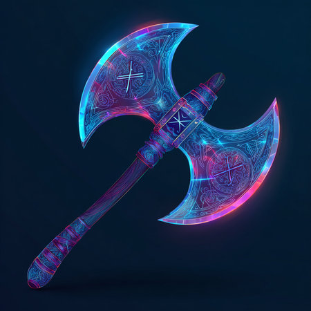 Ax with a glowing pattern on a dark background. Vector illustration.の素材