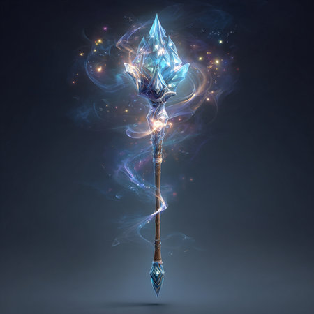 Magic wand with blue flame and smoke on dark background. 3D renderingの素材