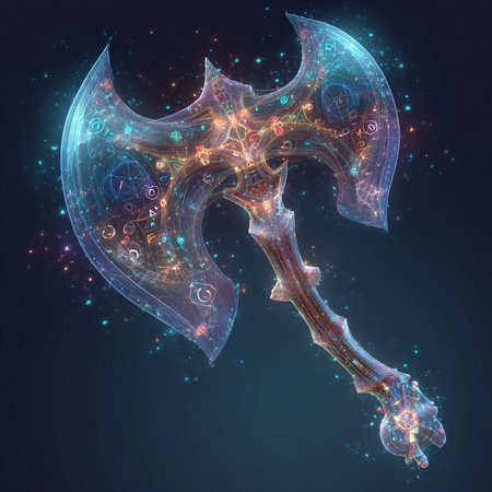 Fractal 3D illustration of a medieval battle ax with abstract pattern.の素材