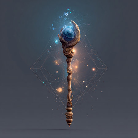 Magic wand with glowing earth globe on gray background. 3D renderingの素材