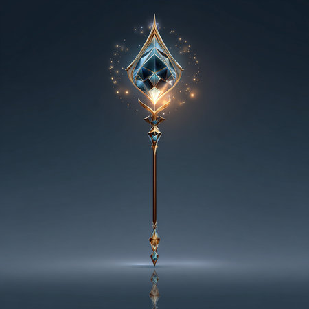 3d illustration of a magic wand with a crystal on a dark backgroundの素材