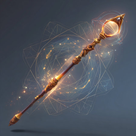Magic wand with glowing lines and particles on a dark background. 3d renderingの素材