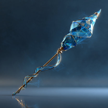 3d illustration of crystal flute with blue light in the darkの素材