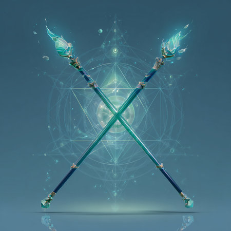 Crossed swords with sacred geometry design, 3D rendering. Computer digital drawing.の素材