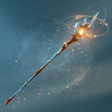 Magic wand with glowing lines and particles on blue background. 3D renderingの素材