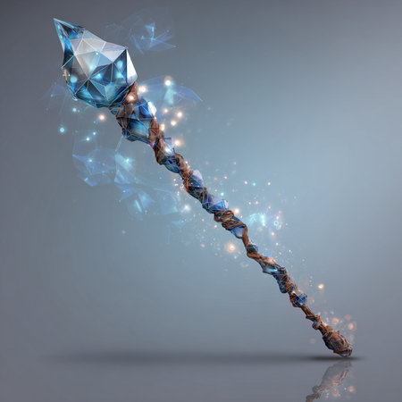Blue polygonal magic wand on gray background. 3D renderingの素材