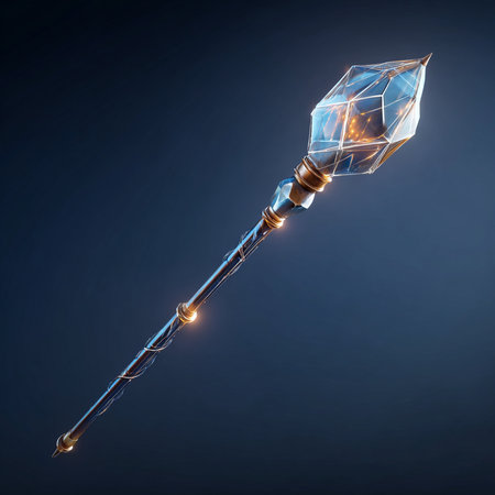 Magic wand with crystal on dark background. 3d rendering toned imageの素材