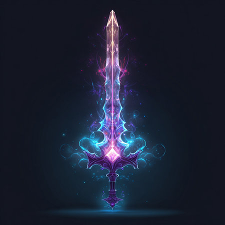 Magic sword with light effects on a dark background. Vector illustration.の素材