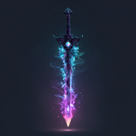 Fantasy sword with colorful smoke on a dark background. Vector illustration.の素材