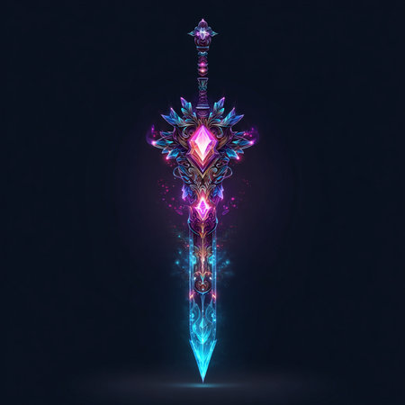 Glowing magic sword with crystal inside. 3D illustrations. Fantasy design.の素材