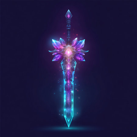 Magic crystal sword with a lotus flower on a dark background.の素材