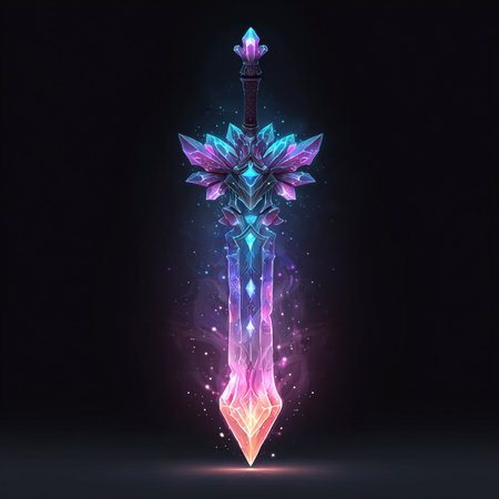 Magic crystal sword with crystals and sparks on dark background. Vector illustration.の素材