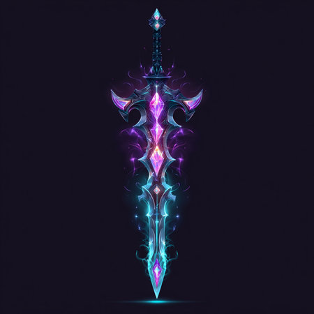Fantasy crystal sword with lightning on the dark background. Vector illustration.の素材