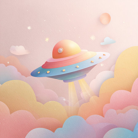 UFO flying in the sky. Paper art style. Vector illustration.の素材