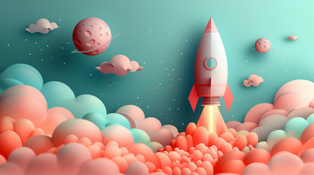 Rocket flying in the sky, paper art style. Vector illustration.の素材