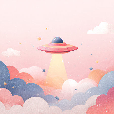 Flying saucer in the sky with clouds, watercolor illustration.の素材