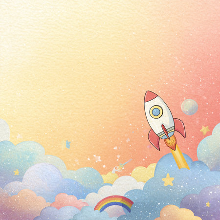 Rocket launch in the sky. Watercolor illustration with clouds and rainbow.の素材