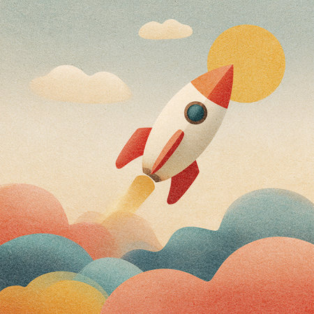 Retro rocket flying in the sky with clouds. Paper art styleの素材