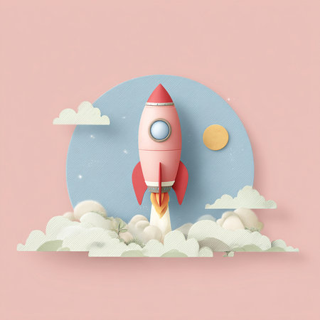 Rocket in the sky. Paper art and craft style. Vector illustration.の素材