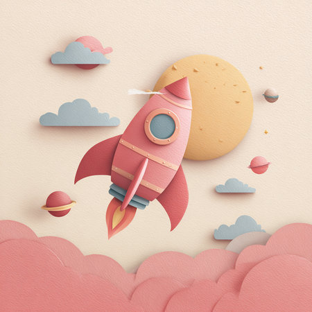 Rocket in the sky. Paper art style. 3D illustrations.の素材