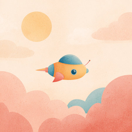 Rocket flying through the clouds. Hand drawn watercolor vector illustration.の素材
