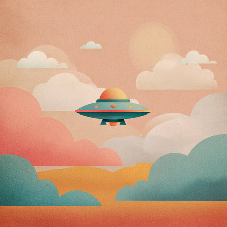 Retro style illustration of flying saucer over the sky with cloudsの素材
