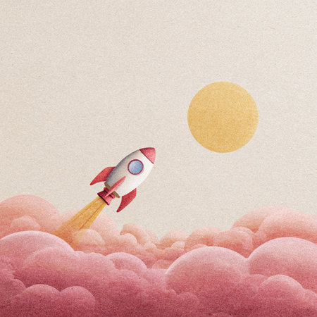 Rocket launch in the sky. Paper art style. Vector illustration.の素材
