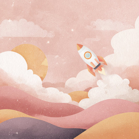 Retro rocket flying in the sky with clouds and sun. Vector illustration.の素材