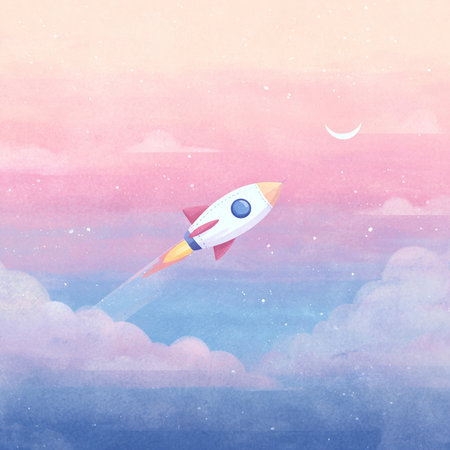 Rocket flying in the sky. Watercolor illustration for your design.の素材