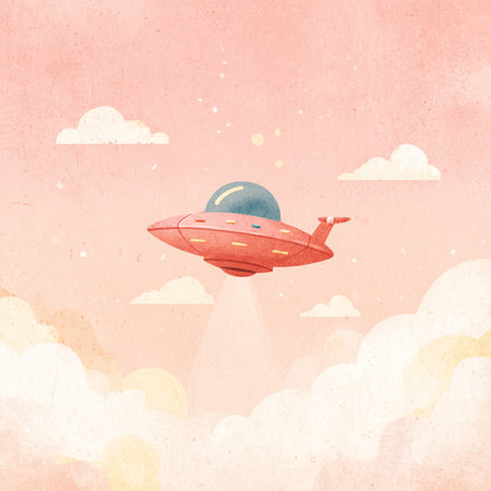 Retro style illustration of a flying saucer in the sky.の素材