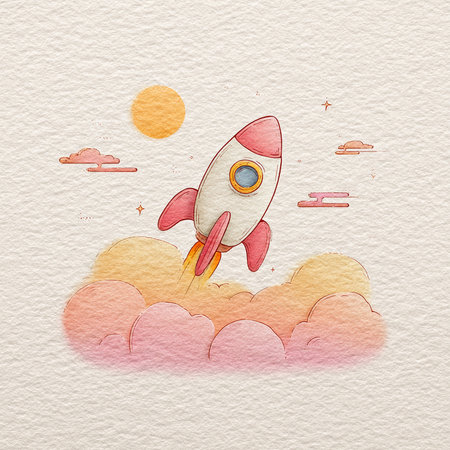 Rocket in the sky. Hand drawn watercolor illustration with clouds and sun.の素材