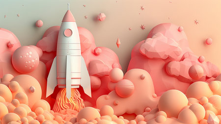 Rocket in the sky. Paper art style. 3d illustration.の素材