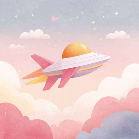 Paper art style illustration of a flying saucer in the sky.の素材