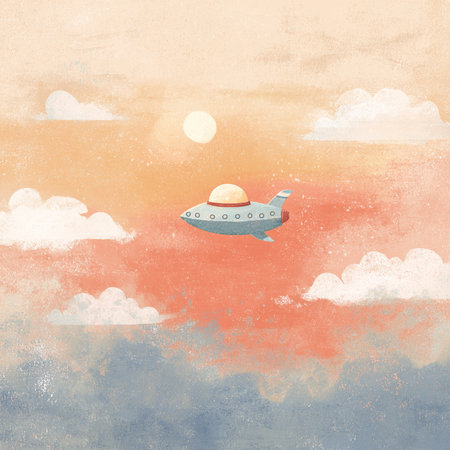 Retro background with a flying saucer in the sky and cloudsの素材