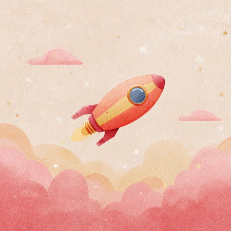 Watercolor illustration of a rocket flying high in the sky with cloudsの素材