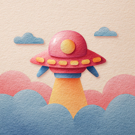 UFOs in the sky. Paper art style. Vector illustration.の素材
