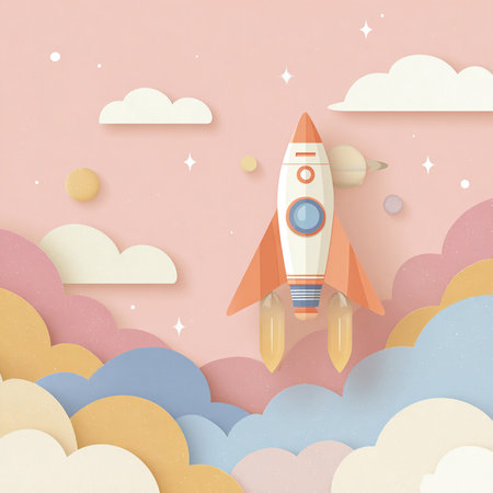 Rocket in the sky. Paper art and craft style. Vector illustration.の素材