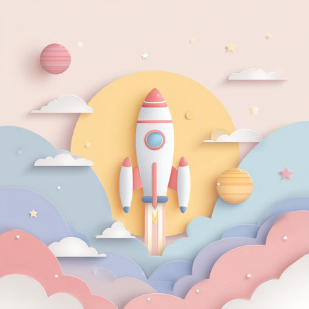 Rocket in the sky. Paper art and craft style. Vector illustration.の素材