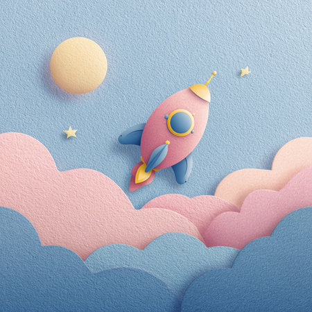 Rocket in the sky. Paper art style. 3D illustrations.の素材