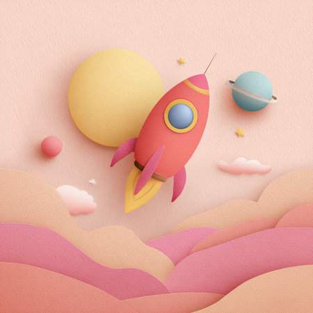 Rocket and planet in paper art style. Paper art and craft style.の素材