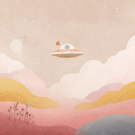 Fantasy landscape with flying saucer in the sky. Vector illustration.の素材