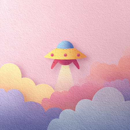 UFOs in the sky. Paper art style. Vector illustration.の素材