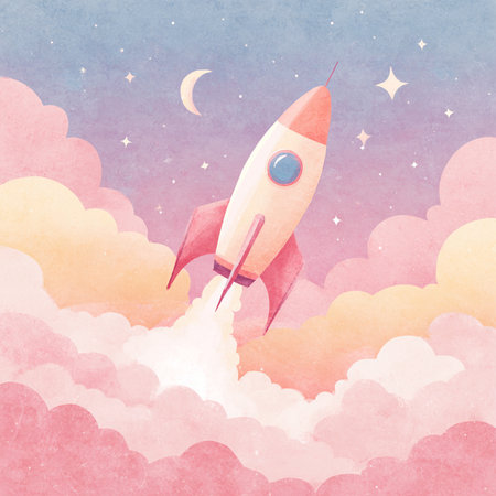 Rocket in the sky. Watercolor style illustration. Vector illustration.の素材