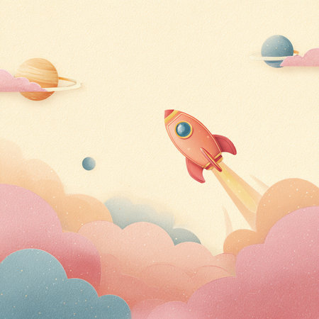 retro rocket flying in the sky with clouds and planets. paper art styleの素材