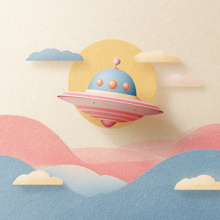 Flying saucer in the sky. Paper art style. Vector illustration.の素材