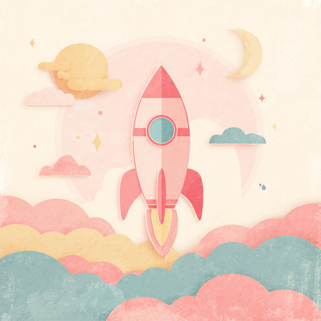Retro rocket in the sky. Paper art style. Vector illustration.の素材