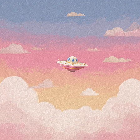 Illustration of a cute flying saucer in the sky with cloudsの素材